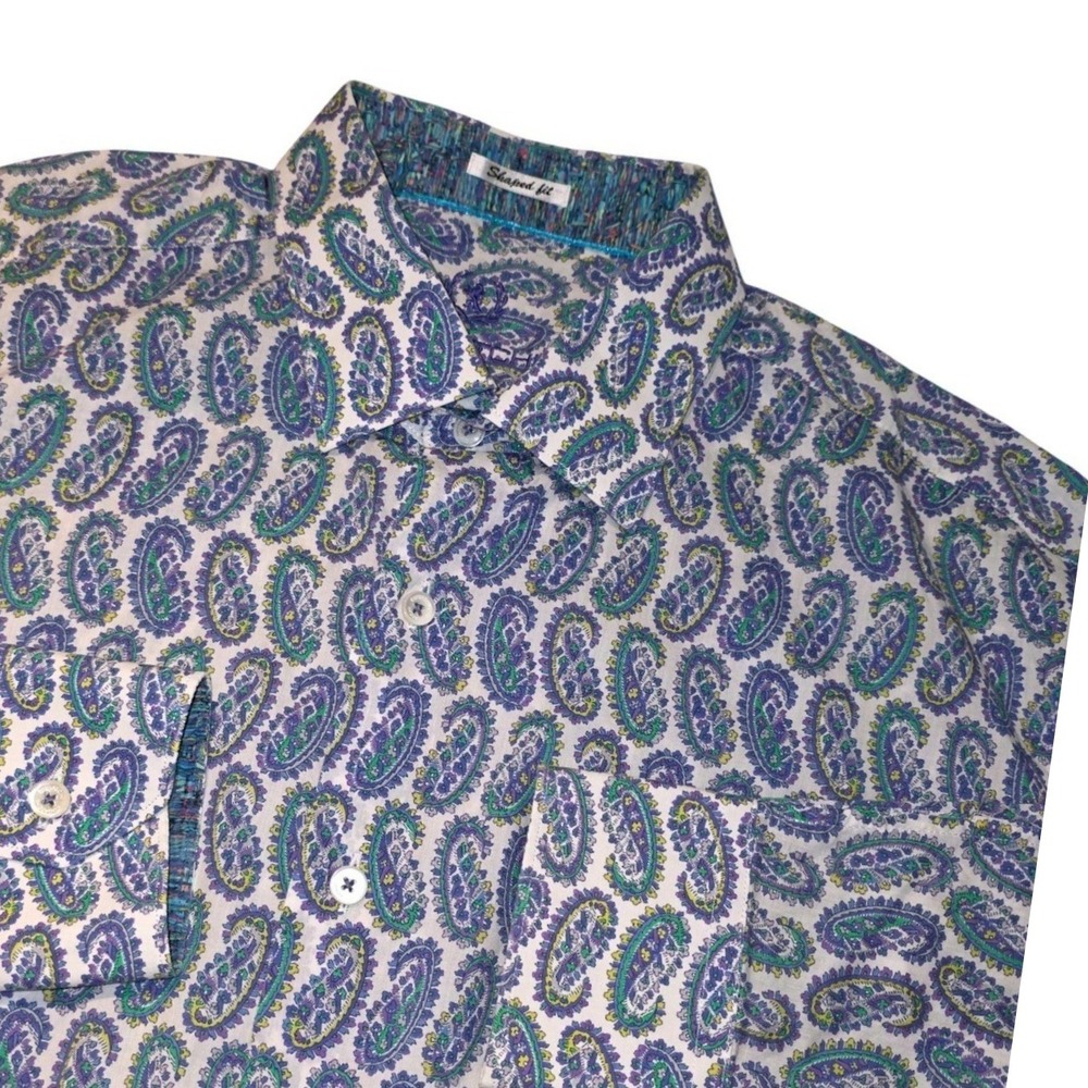 BUGATCHI Mens Dress Shirt Large Shaped Fit Paisley Print Long Sleeve Button Up‎